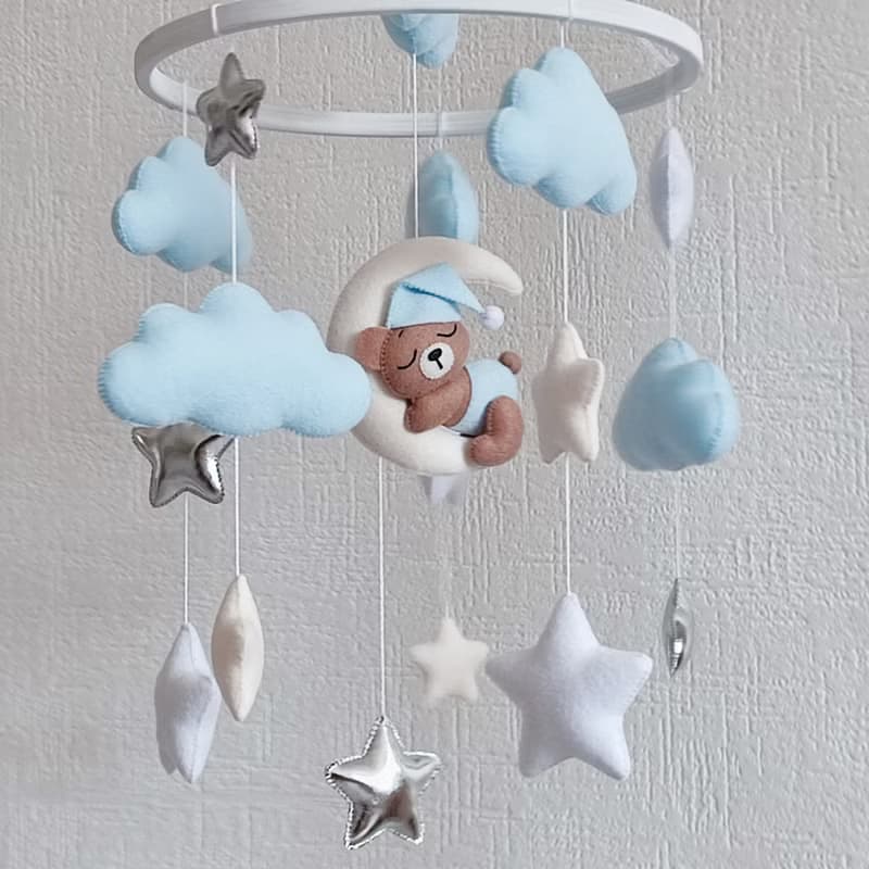Bear baby crib mobile boy, Moon and stars nursery decor, baby shower gift