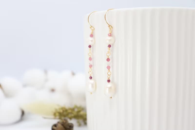 14K Gold-Filled Hook Freshwater Pearls & Pink Tourmaline Stones Drop Earrings