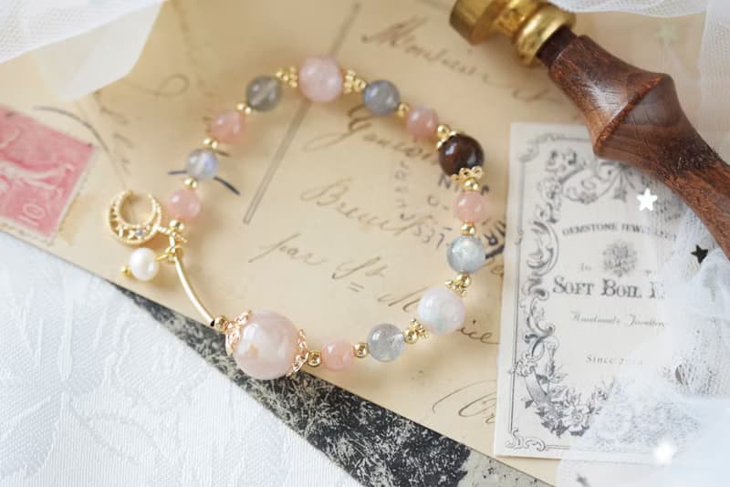 憶念。櫻花瑪瑙 拉長石 彼得石 橙月亮石 珍珠 天然石 水晶手鍊