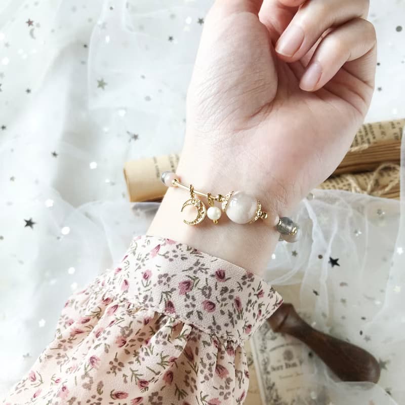 憶念。櫻花瑪瑙 拉長石 彼得石 橙月亮石 珍珠 天然石 水晶手鍊