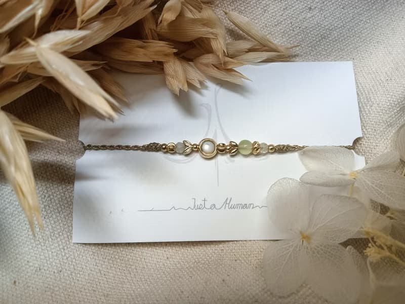 葡萄石 貝殼珠 極細疊戴手繩 水晶編織手環 蠟線抽繩可調節款