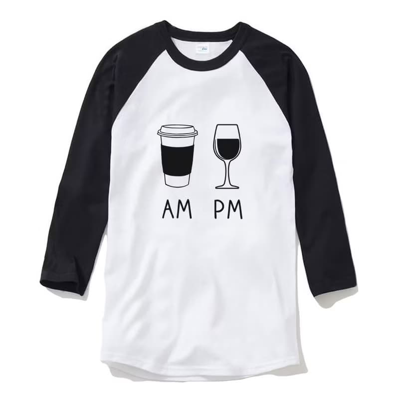 COFFEE AM WINE PM 中性 七分袖T恤 白黑色 咖啡 酒 插畫 禮物