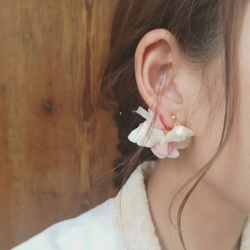 日本櫻花風 花朵和棉珍珠耳環 / 耳夾 / 抗過敏/ Japanese sakura