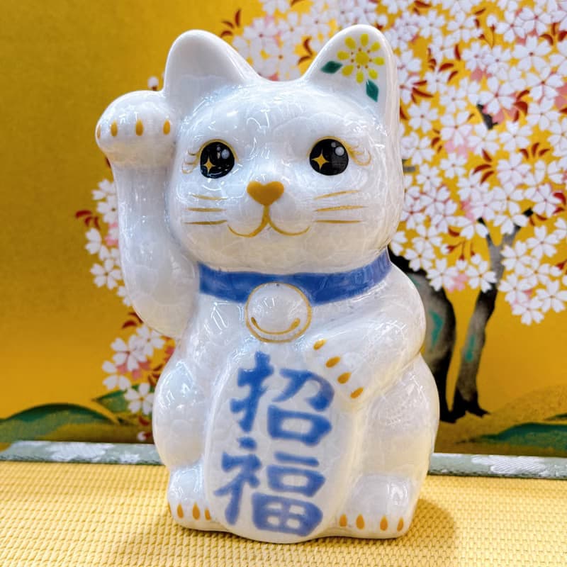 【雪喵招祥】日本清水燒招財貓 | 花結晶 白 - 招福 右