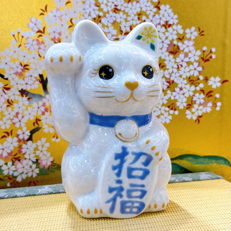【雪喵招祥】日本清水燒招財貓 | 花結晶 白 - 招福 右