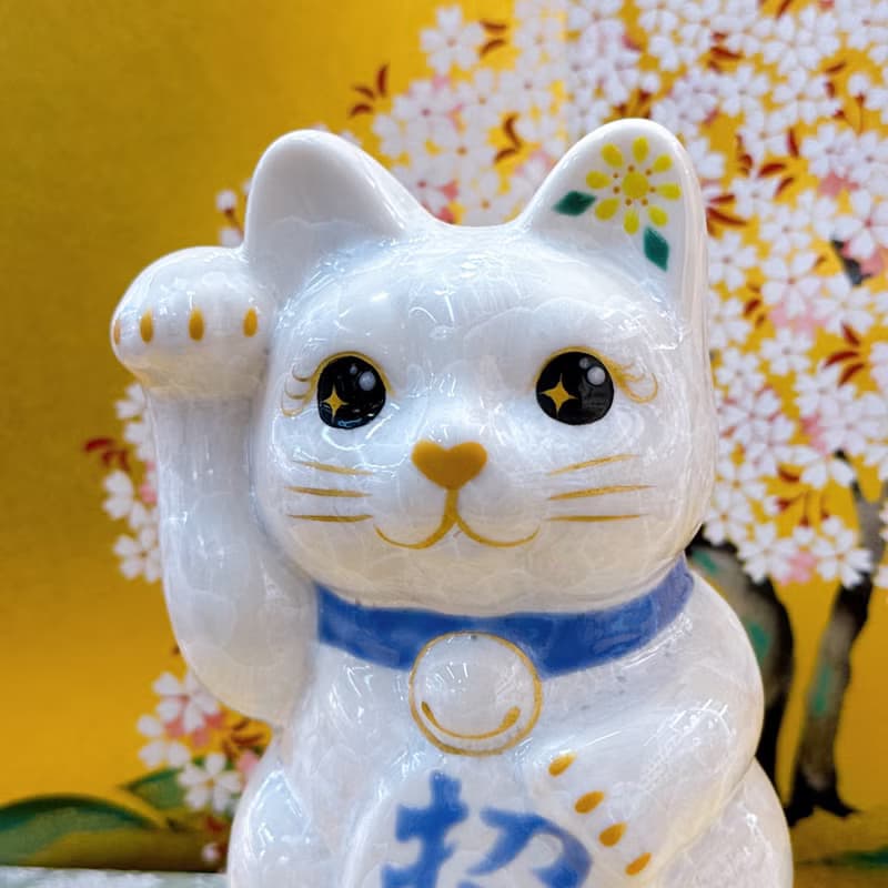 【雪喵招祥】日本清水燒招財貓 | 花結晶 白 - 招福 右