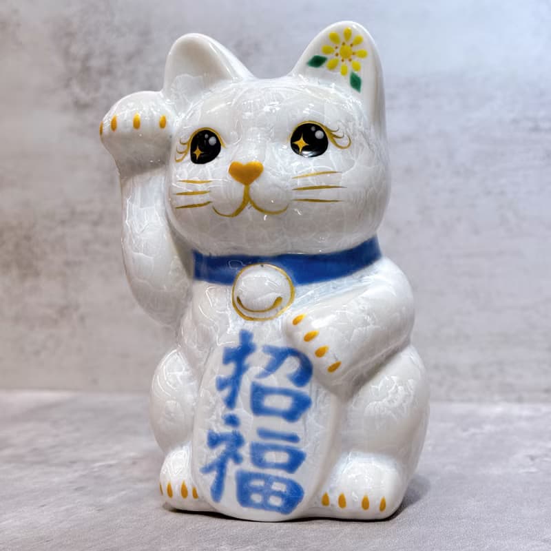 【雪喵招祥】日本清水燒招財貓 | 花結晶 白 - 招福 右