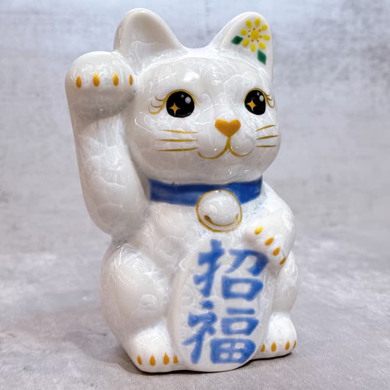【雪喵招祥】日本清水燒招財貓 | 花結晶 白 - 招福 右
