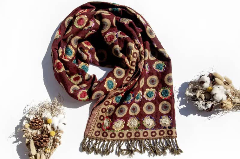 喀什米爾Cashmere/水煮羊毛披肩/針織圍巾/刺繡圍巾/羊絨披巾-圓