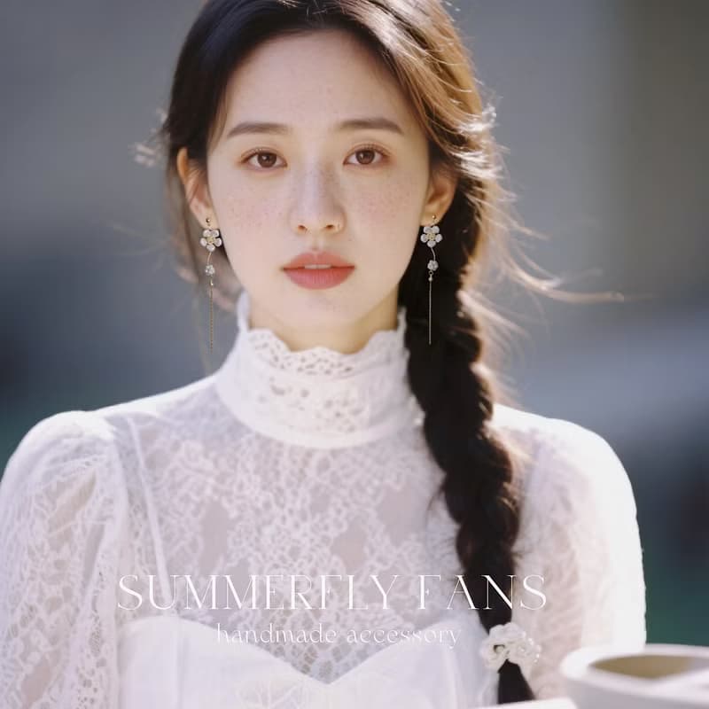 溫柔山茶花 編織珍珠球 長款耳線垂墜耳環白色仙女款