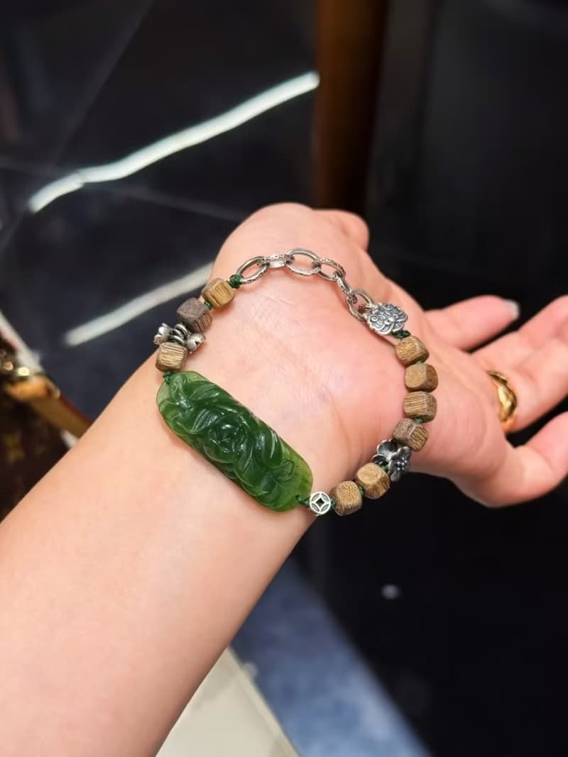 天然和田玉手鏈老坑碧玉牡丹花手鏈新中式國招財納福手鏈三七銀