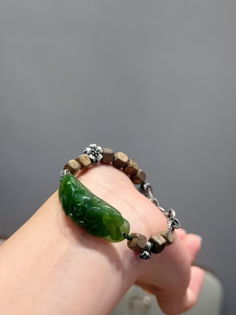 天然和田玉手鏈老坑碧玉牡丹花手鏈新中式國招財納福手鏈三七銀