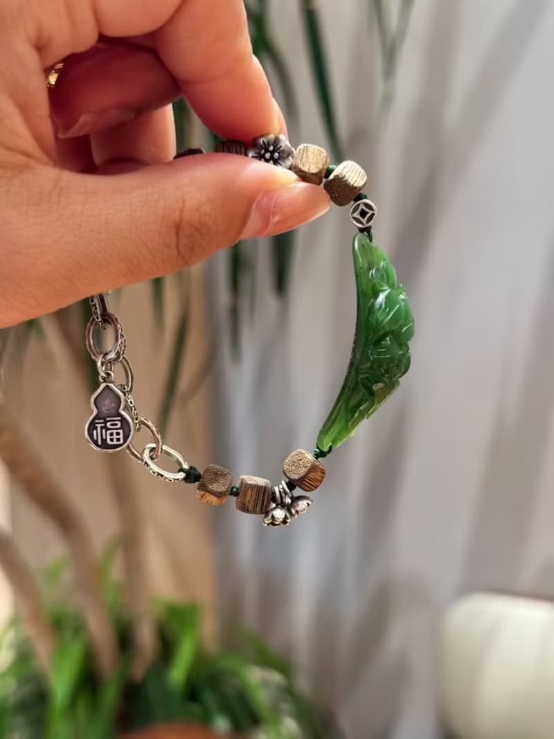 天然和田玉手鏈老坑碧玉牡丹花手鏈新中式國招財納福手鏈三七銀
