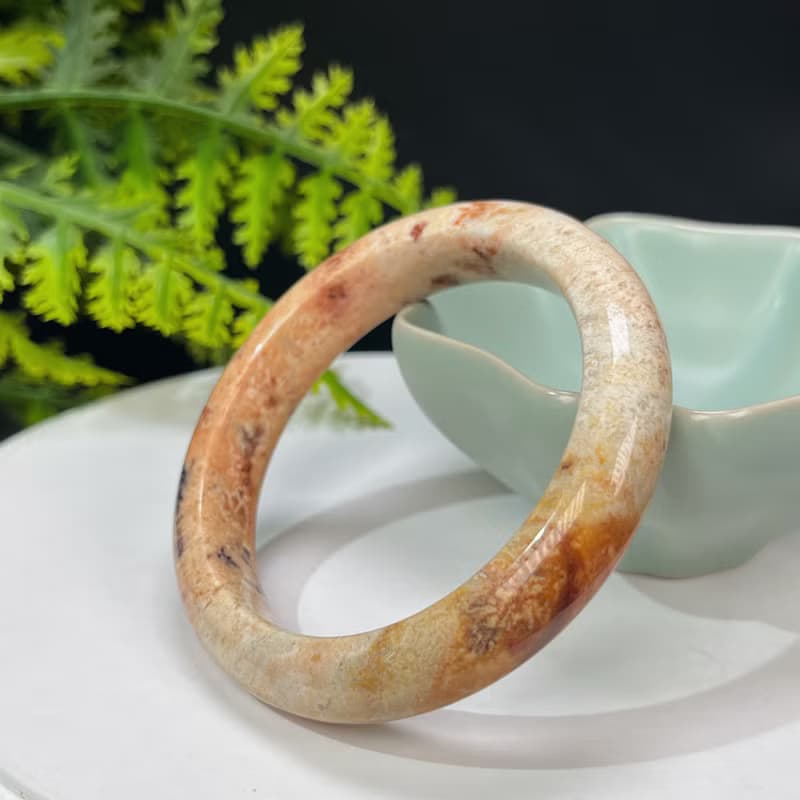 珊瑚玉手镯 52MM 橙色 鳳尾紋 玉化菊花石手環 緩解情緒 平靜療愈