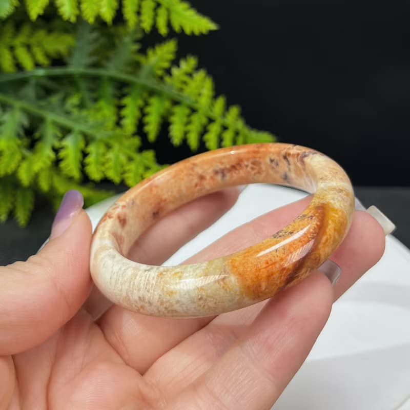 珊瑚玉手镯 52MM 橙色 鳳尾紋 玉化菊花石手環 緩解情緒 平靜療愈