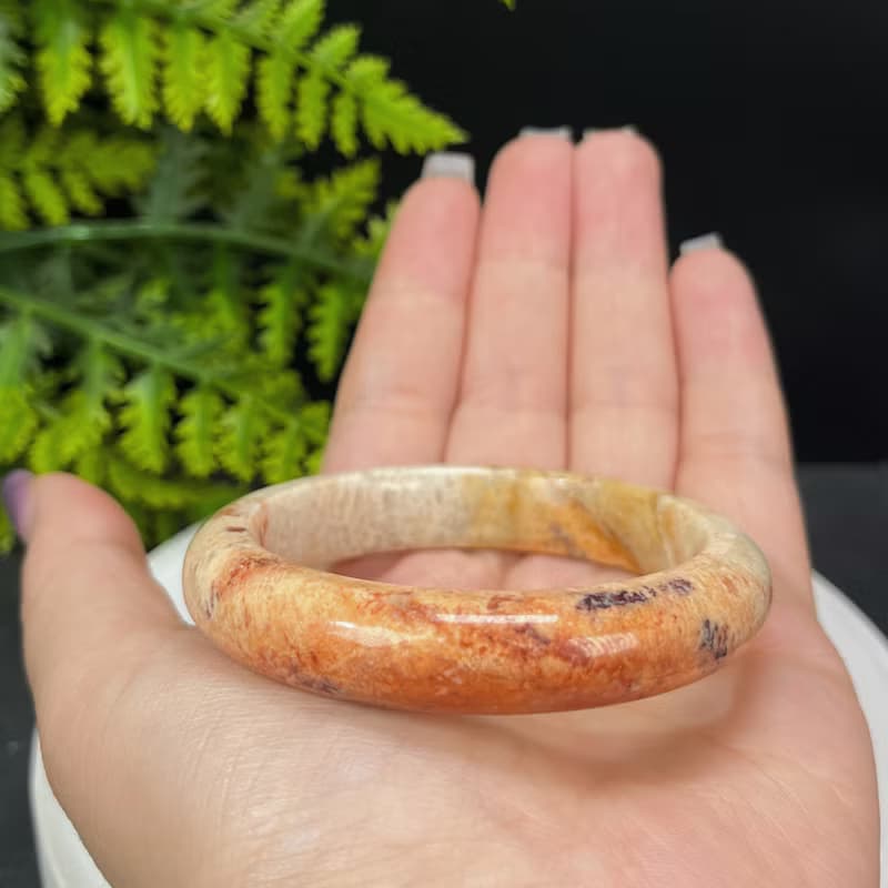珊瑚玉手镯 52MM 橙色 鳳尾紋 玉化菊花石手環 緩解情緒 平靜療愈