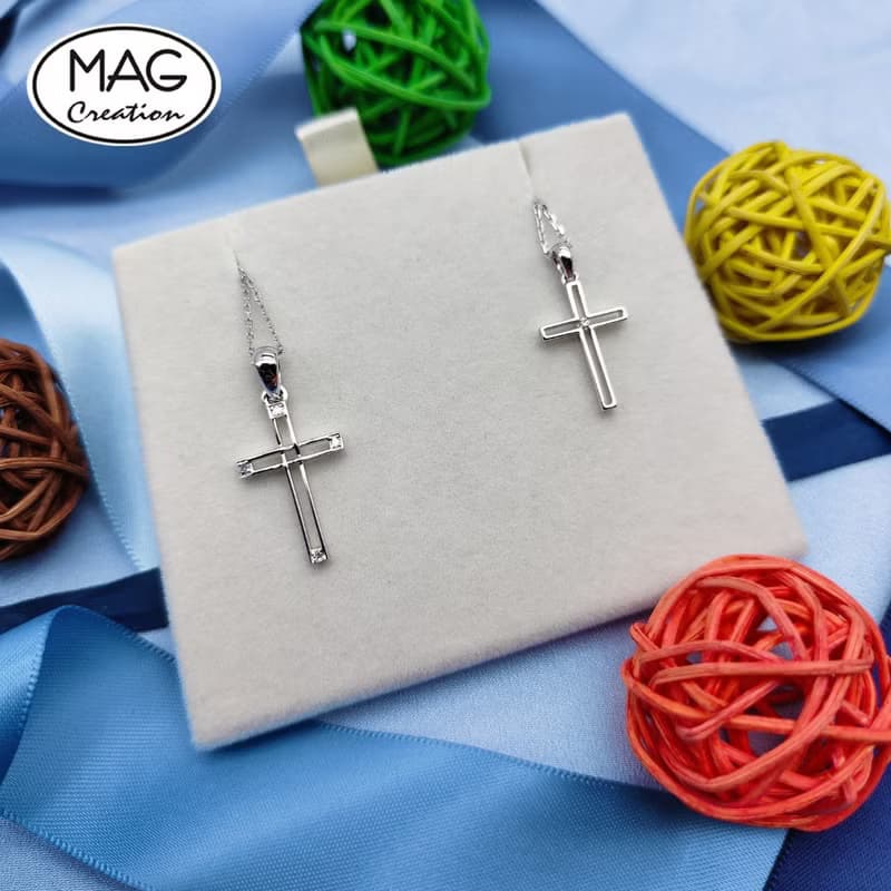 20周年組合-18K白金天然鑽石十字架吊墜連項鍊