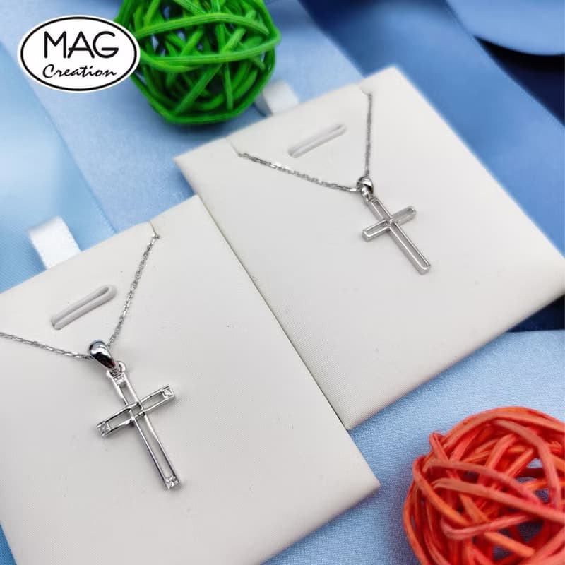 20周年組合-18K白金天然鑽石十字架吊墜連項鍊