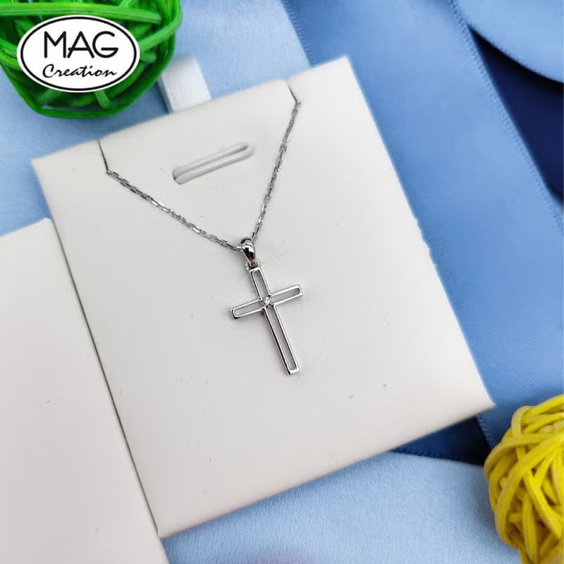 20周年組合-18K白金天然鑽石十字架吊墜連項鍊