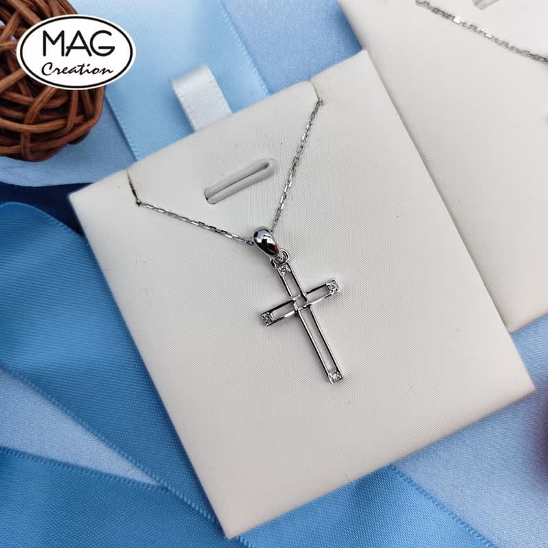 20周年組合-18K白金天然鑽石十字架吊墜連項鍊