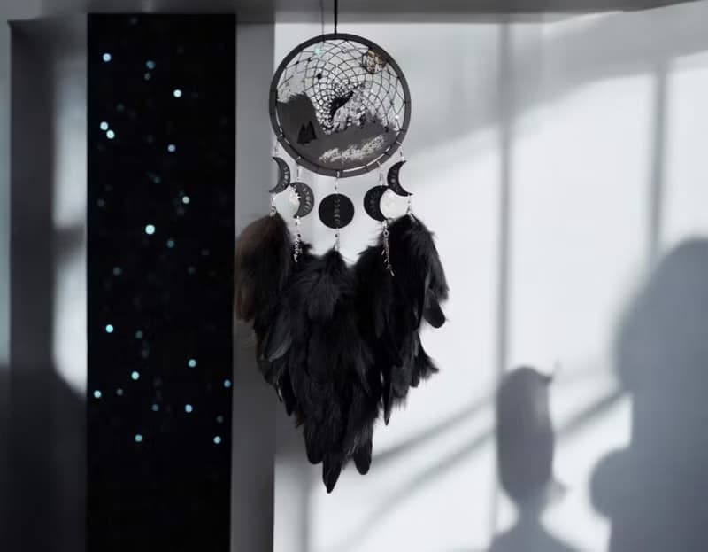 Handmade Black Dreamcatcher with Wolf and Moon Phases – Mystical Boho Wall Decor