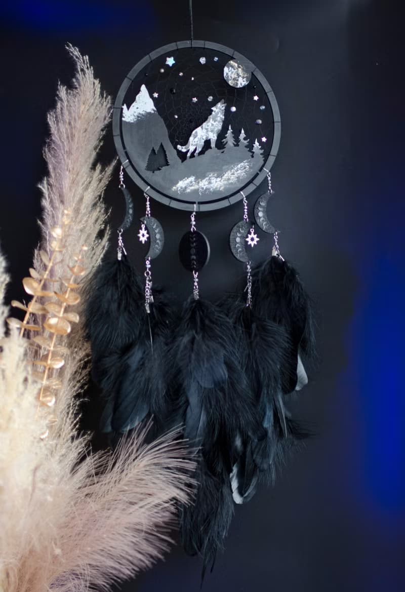 Handmade Black Dreamcatcher with Wolf and Moon Phases – Mystical Boho Wall Decor