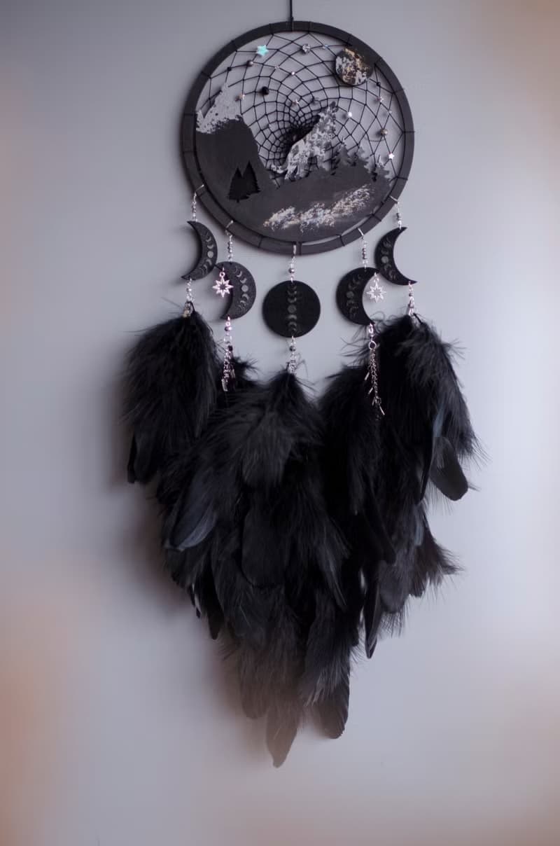 Handmade Black Dreamcatcher with Wolf and Moon Phases – Mystical Boho Wall Decor
