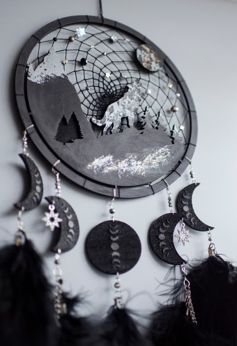 Handmade Black Dreamcatcher with Wolf and Moon Phases – Mystical Boho Wall Decor