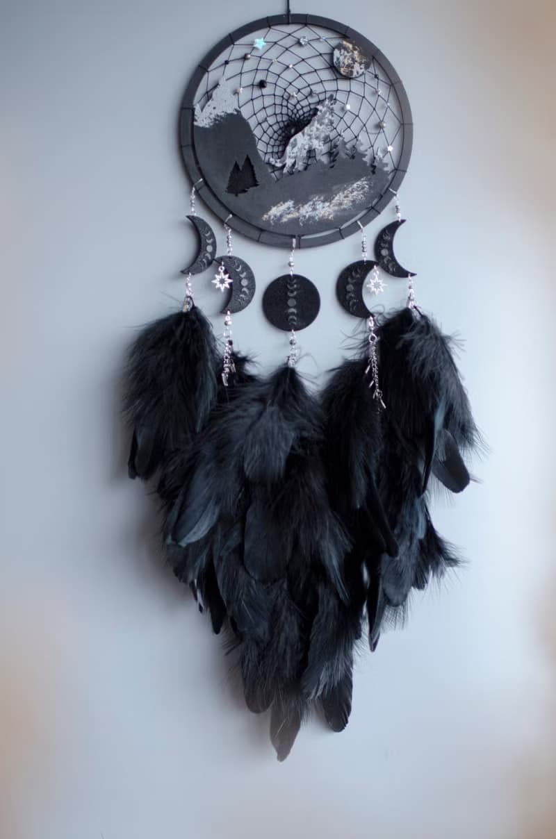 Handmade Black Dreamcatcher with Wolf and Moon Phases – Mystical Boho Wall Decor