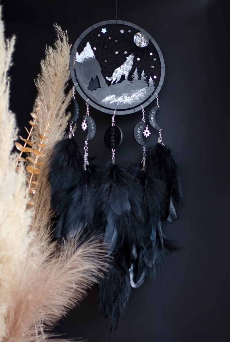 Handmade Black Dreamcatcher with Wolf and Moon Phases – Mystical Boho Wall Decor