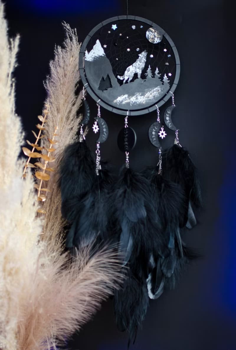 Handmade Black Dreamcatcher with Wolf and Moon Phases – Mystical Boho Wall Decor