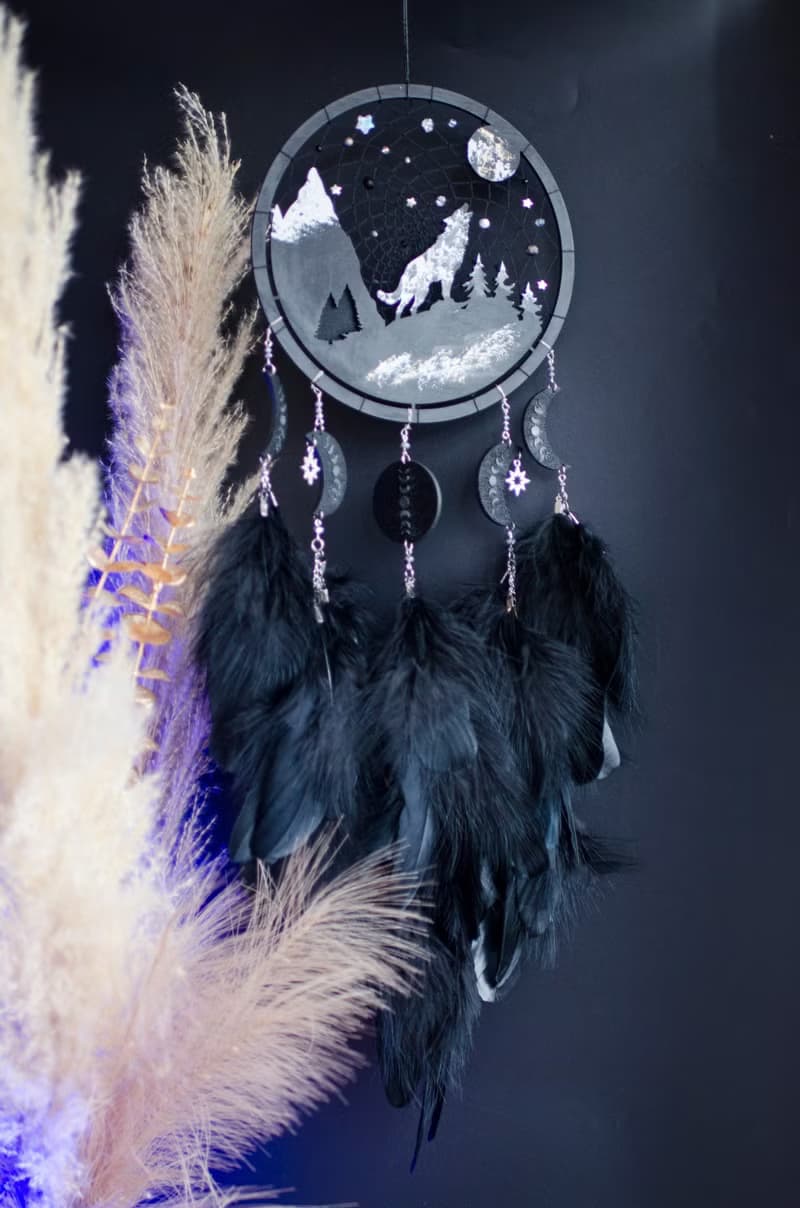 Handmade Black Dreamcatcher with Wolf and Moon Phases – Mystical Boho Wall Decor