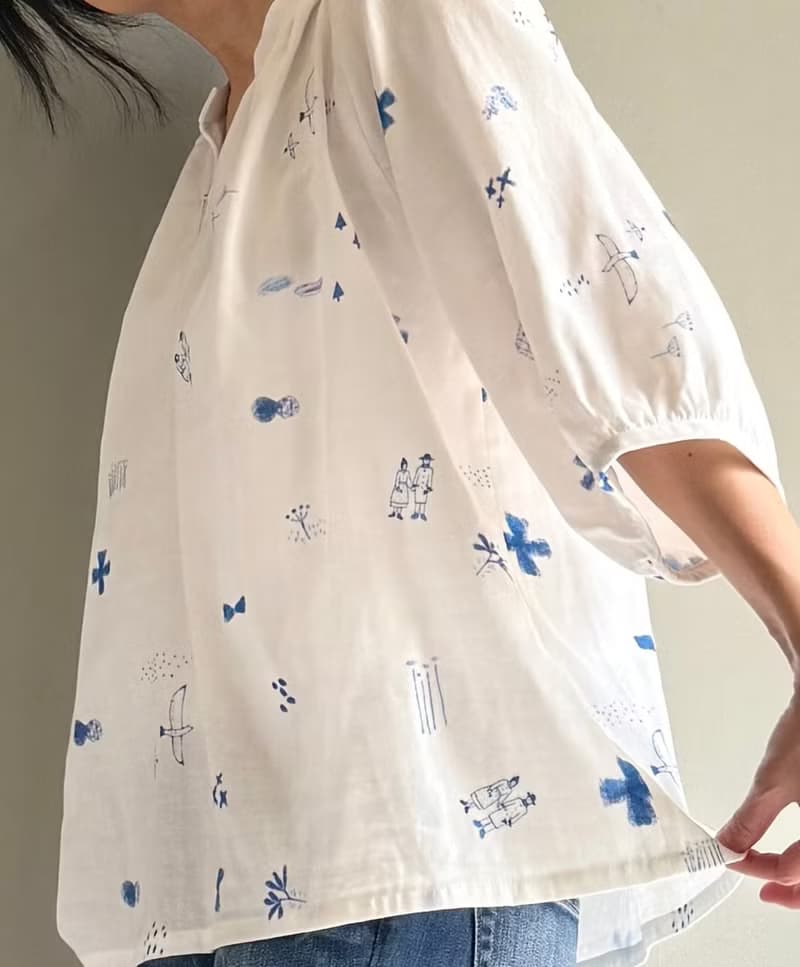 森林小隱/illustration設計師印花系列/小立領澎澎袖/七分袖上衣