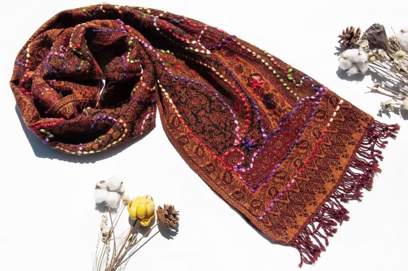 喀什米爾Cashmere/水煮羊毛披肩/針織圍巾/刺繡圍巾/羊絨披巾-花