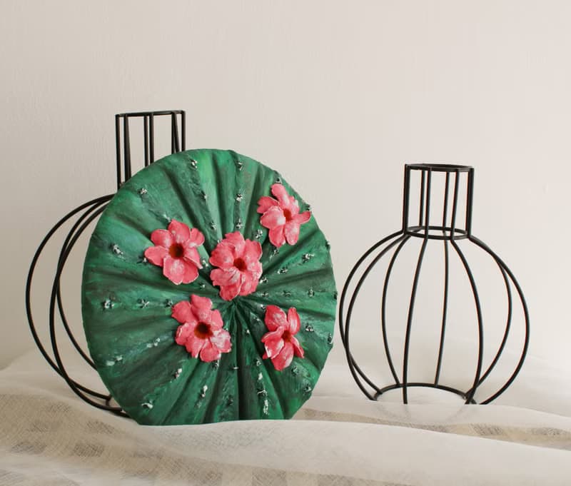Flowering cactus from decorative plaster, wall decorative panel, sculpture art