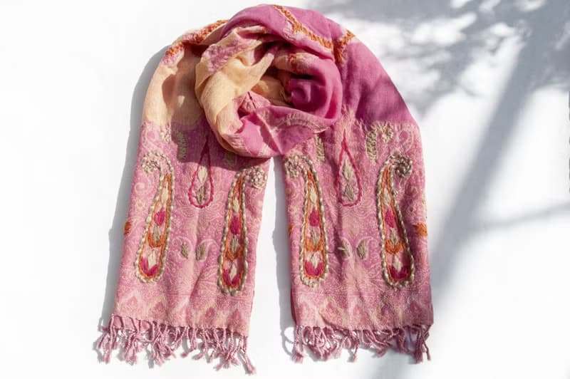 喀什米爾Cashmere/水煮羊毛披肩/針織圍巾/刺繡圍巾/羊絨披巾-花