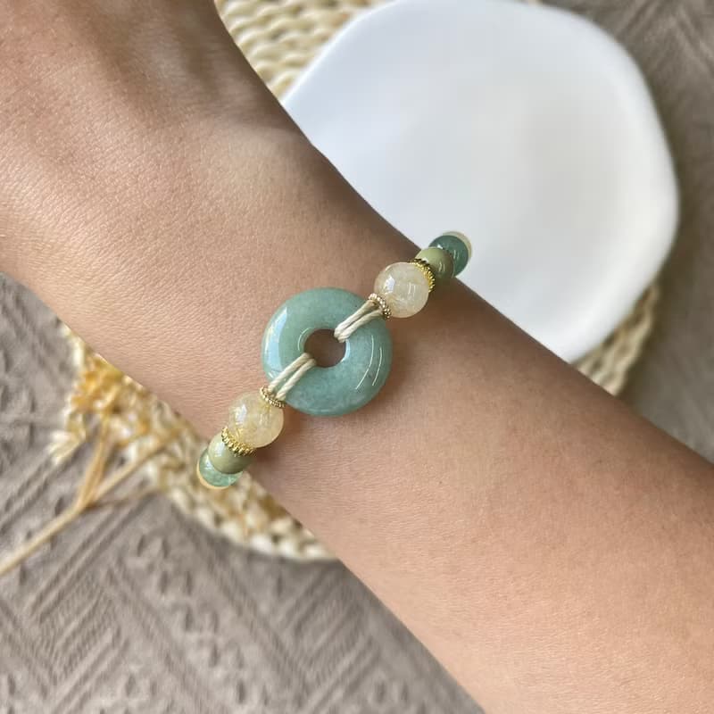 綠東菱玉平安扣編織手鍊