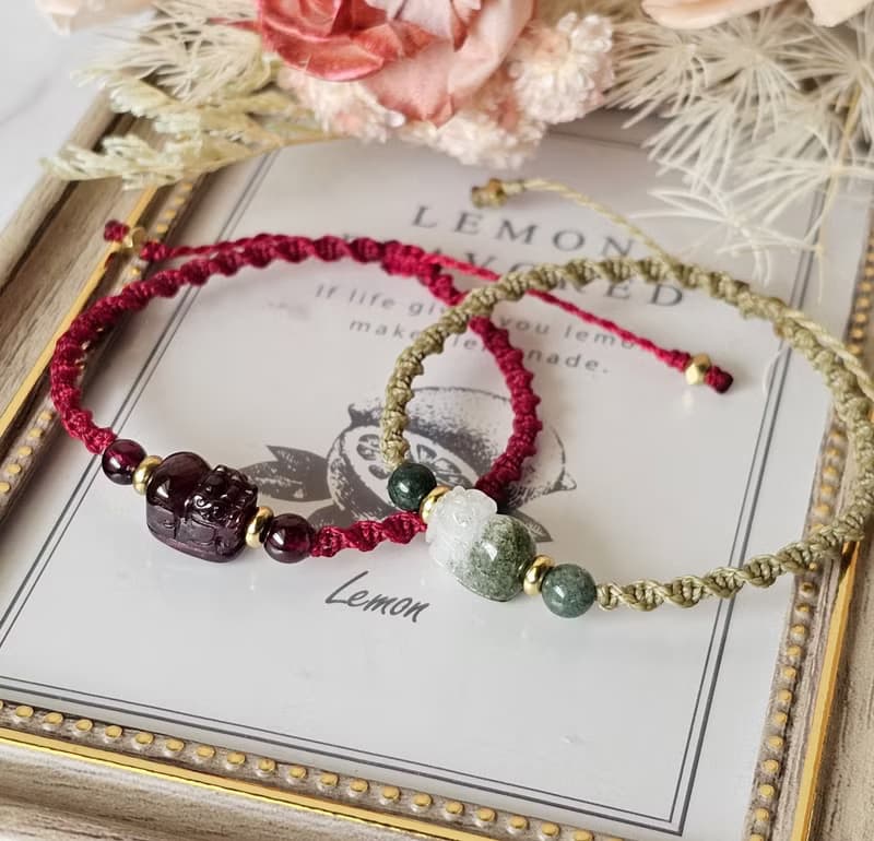 森焰-蠟線貔貅手鍊-水晶蠟線/綠幽靈聚寶盆貔貅/紅石榴貔貅/招財