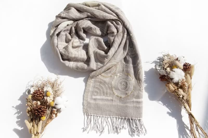 喀什米爾Cashmere/水煮羊毛披肩/針織圍巾/刺繡圍巾/羊絨披巾-花