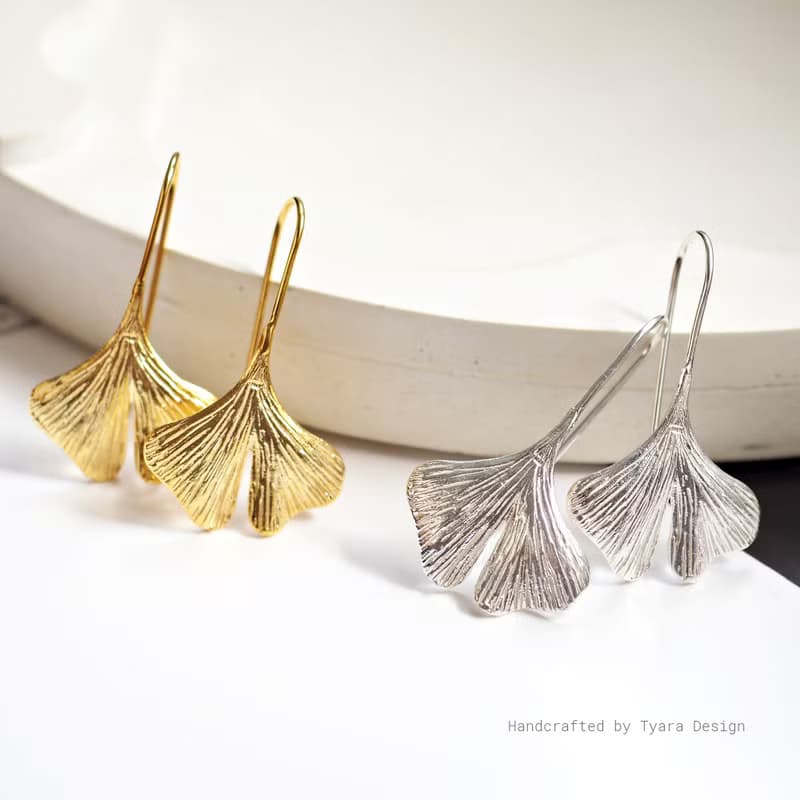 Sterling Silver Ginkgo Leaf Earrings | 14K Gold Plated Botanical Dangle