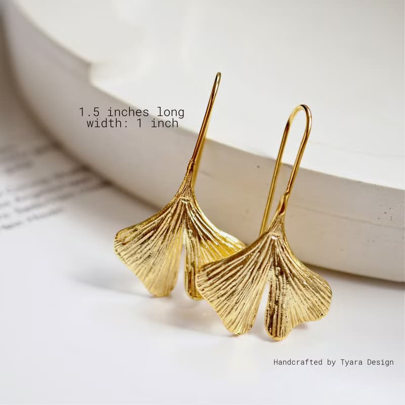 Sterling Silver Ginkgo Leaf Earrings | 14K Gold Plated Botanical Dangle