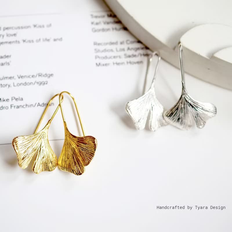 Sterling Silver Ginkgo Leaf Earrings | 14K Gold Plated Botanical Dangle