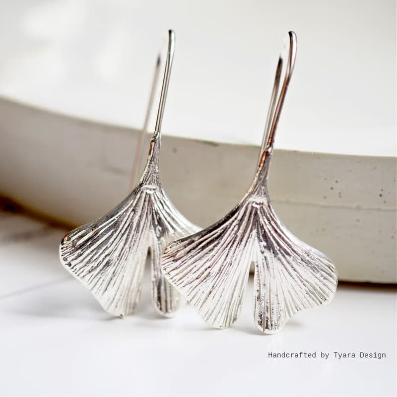Sterling Silver Ginkgo Leaf Earrings | 14K Gold Plated Botanical Dangle