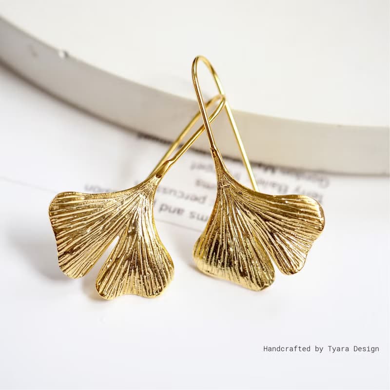 Sterling Silver Ginkgo Leaf Earrings | 14K Gold Plated Botanical Dangle
