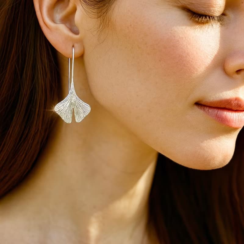 Sterling Silver Ginkgo Leaf Earrings | 14K Gold Plated Botanical Dangle