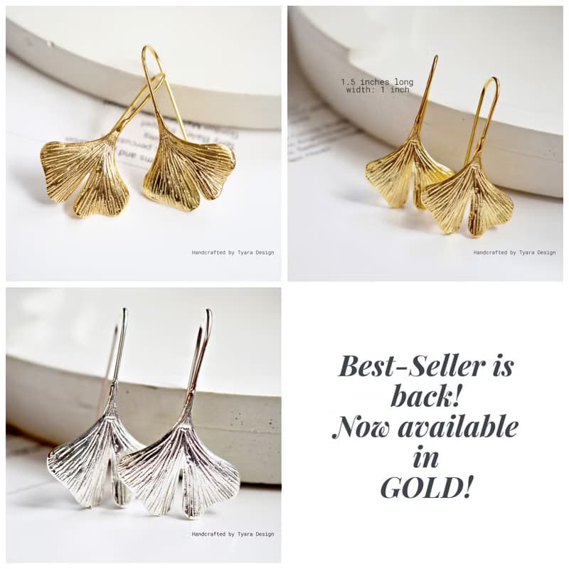 Sterling Silver Ginkgo Leaf Earrings | 14K Gold Plated Botanical Dangle