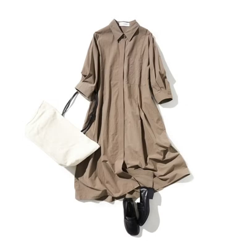 他とは差をつける　タック入り大人のシャツワンピース コットン100 七分袖 ロングワンピース220509-1