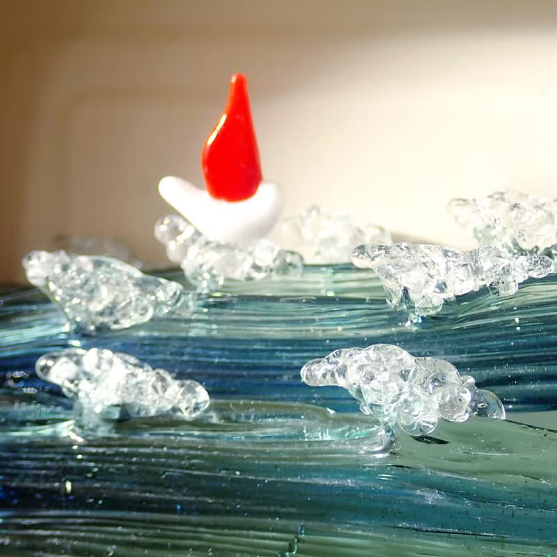 3D Kinetic Art Blown Glass Sculpture with Ocean and Sailboat in Sardin Tin Can
