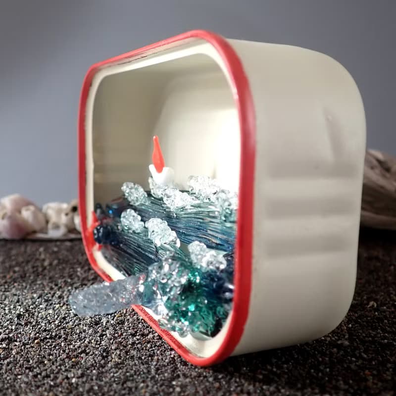 3D Kinetic Art Blown Glass Sculpture with Ocean and Sailboat in Sardin Tin Can