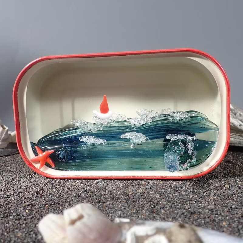 3D Kinetic Art Blown Glass Sculpture with Ocean and Sailboat in Sardin Tin Can